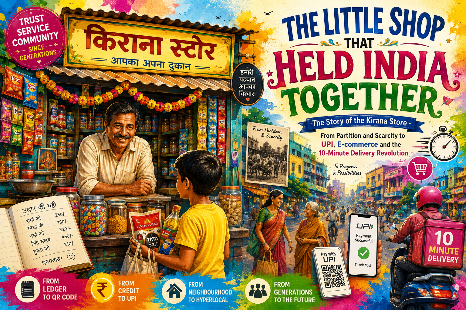 Kirana store shopkeeper serving a customer, symbolizing India's neighbourhood retail journey from credit ledgers to UPI