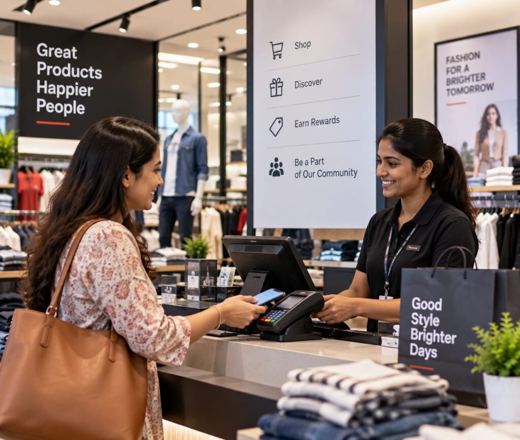 Shopper paying at a store checkout counter