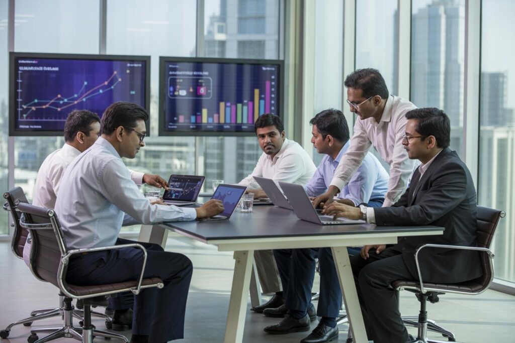 Team reviewing data around a table