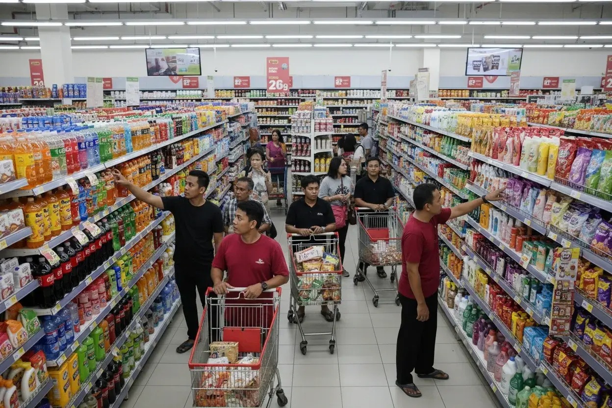Retail aisle with shoppers, representing outlet visibility and availability