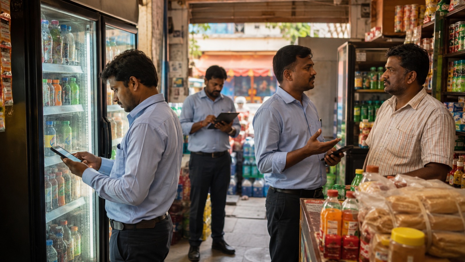 Field sales executive with a tablet speaking with retailers at an outlet